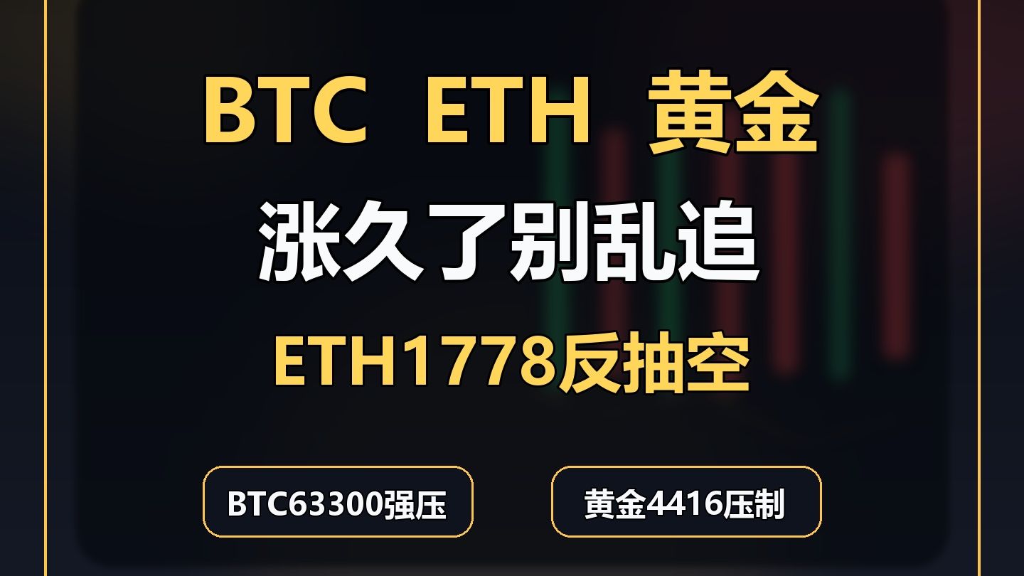 7.6比特币以太坊黄金行情分析，涨久了别乱追？ETH1778反抽空1730低多，BTC63300强压，黄金4416压制